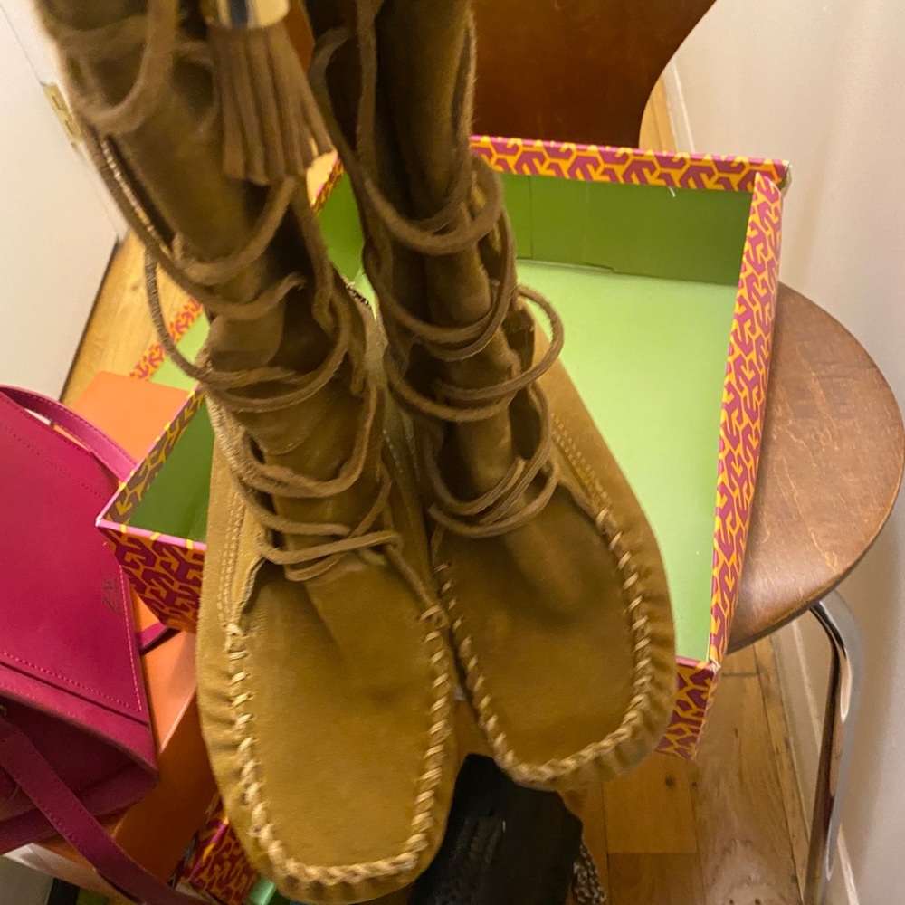 Tory Burch Suede Camel Moccasin Lace up Boots - Picture 2 of 16